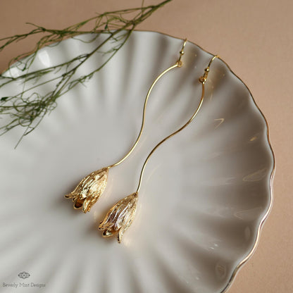 Gold Tulip Earrings Long Floral Dangle Earrings Lightweight Petal Drop Earrings Modern Botanical Jewelry, Sensitive Ear & Clip-On Options