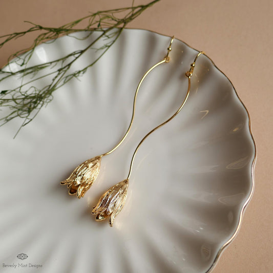 Gold Tulip Earrings Long Floral Dangle Earrings Lightweight Petal Drop Earrings Modern Botanical Jewelry, Sensitive Ear & Clip-On Options