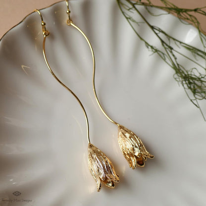 Gold Tulip Earrings Long Floral Dangle Earrings Lightweight Petal Drop Earrings Modern Botanical Jewelry, Sensitive Ear & Clip-On Options