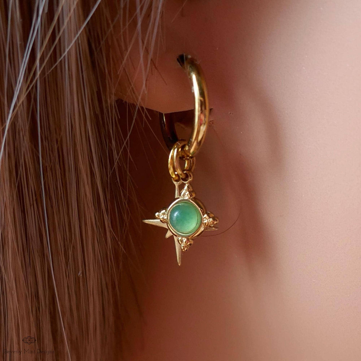 Green Stone Star Earrings, Gold Hoop Earrings, Celestial Jewelry for Her, North Star Charm Hoops, Dainty Drop Earrings, Gift Idea