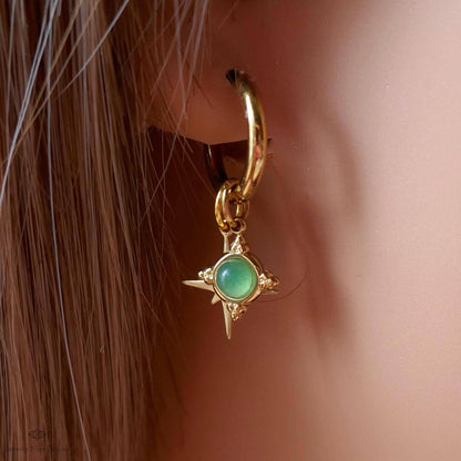 Green Stone Star Earrings, Gold Hoop Earrings, Celestial Jewelry for Her, North Star Charm Hoops, Dainty Drop Earrings, Gift Idea