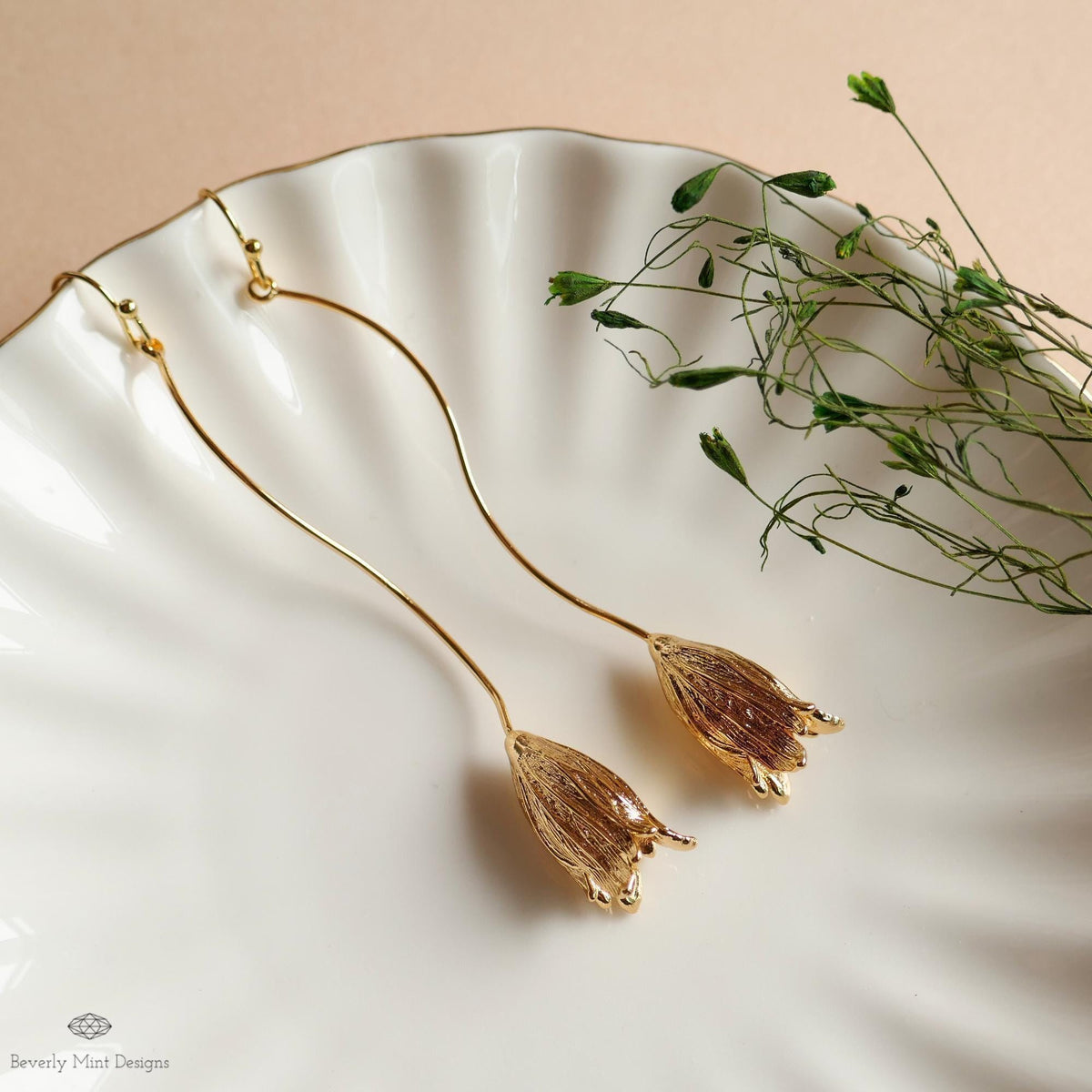 Gold Tulip Earrings Long Floral Dangle Earrings Lightweight Petal Drop Earrings Modern Botanical Jewelry, Sensitive Ear & Clip-On Options