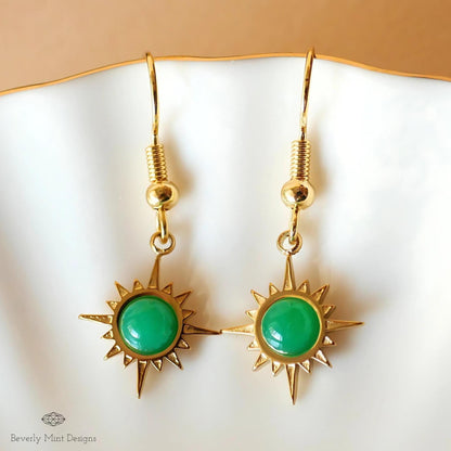 Sun Earrings ,Boho Sun Earrings 18K Gold Plated Small Earrings, Green Earrings , Boho Style Earrings, Sensitive Ear & Clip-On Options