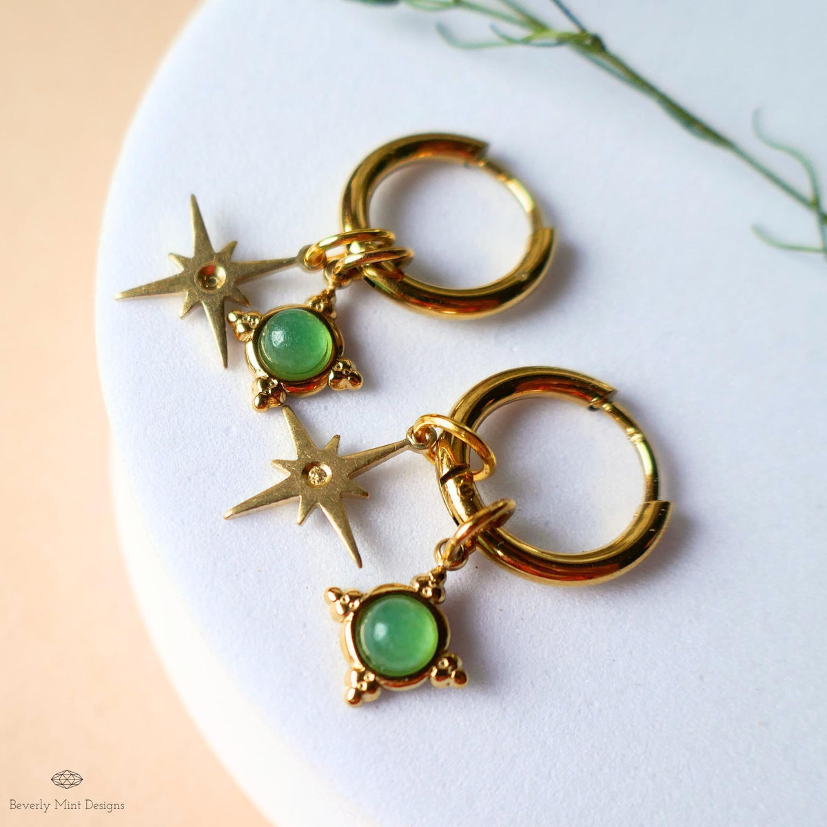 Green Stone Star Earrings, Gold Hoop Earrings, Celestial Jewelry for Her, North Star Charm Hoops, Dainty Drop Earrings, Gift Idea