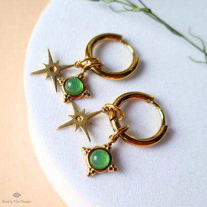 Green Stone Star Earrings, Gold Hoop Earrings, Celestial Jewelry for Her, North Star Charm Hoops, Dainty Drop Earrings, Gift Idea