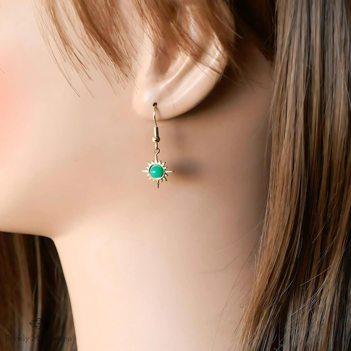Sun Earrings ,Boho Sun Earrings 18K Gold Plated Small Earrings, Green Earrings , Boho Style Earrings, Sensitive Ear & Clip-On Options