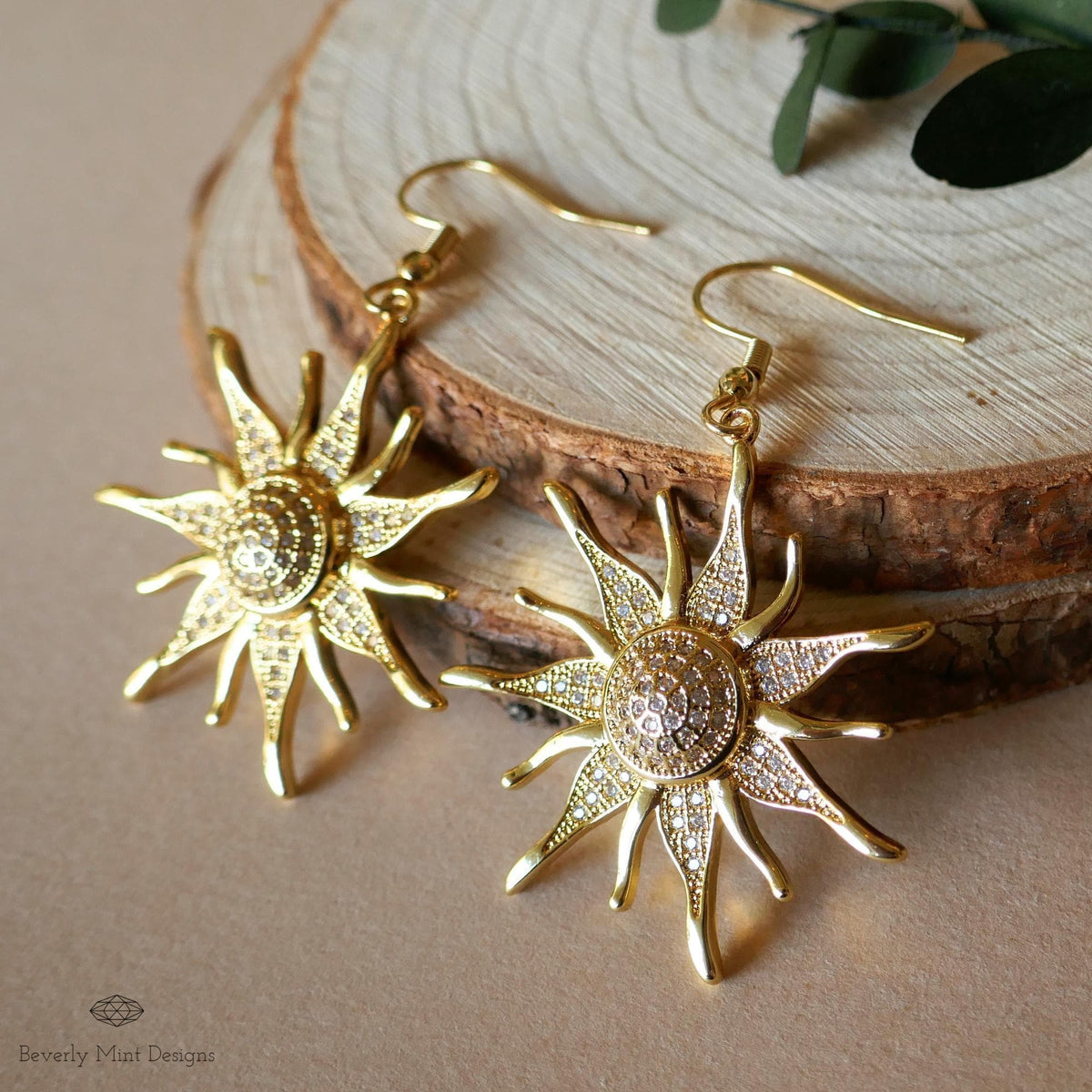 Sun Earrings, 18K Gold Boho Sun Earrings, Bohemian Style Earrings, Gold Sunburst Earrings, Sensitive Ear & Clip-On Options