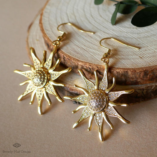 Sun Earrings, 18K Gold Boho Sun Earrings, Bohemian Style Earrings, Gold Sunburst Earrings, Sensitive Ear & Clip-On Options