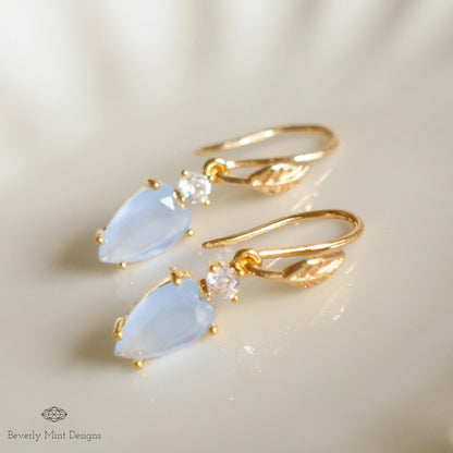 Blue Earrings, Tiny Leaf Earrings with Pale Blue Stone, Nature-Inspired Minimalist Jewelry, Elegant