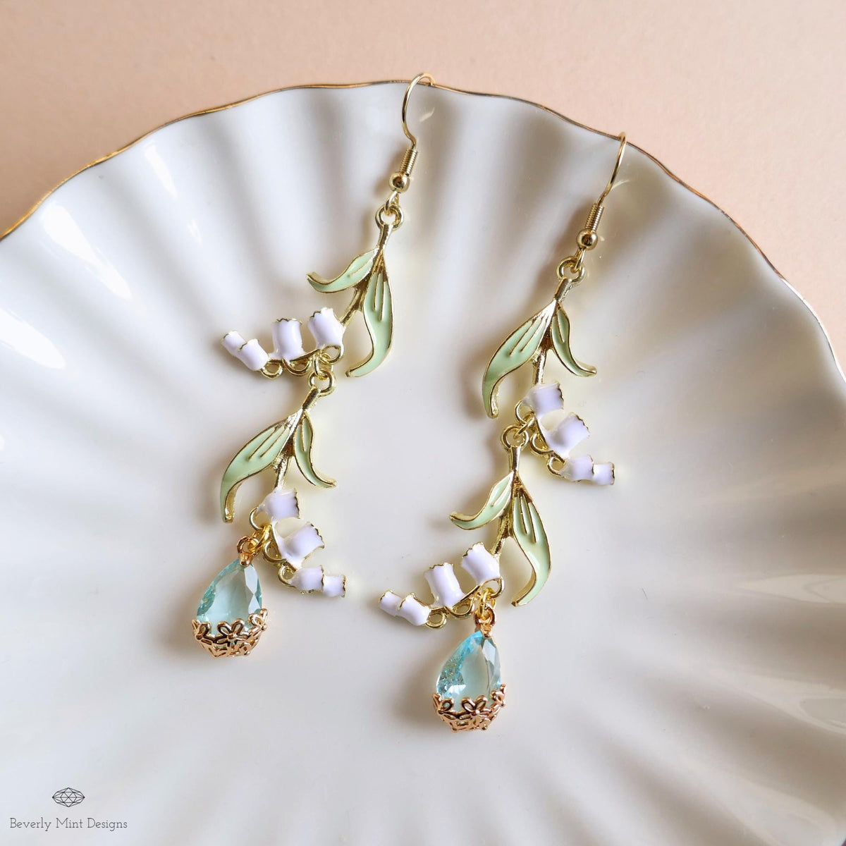 Lily of the Valley Earrings Gold Drop Earrings with Teardrop ,Botanical Bridal Jewelry Nature Inspired, Sensitive Ear & Clip-On Options
