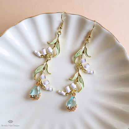 Lily of the Valley Earrings Gold Drop Earrings with Teardrop ,Botanical Bridal Jewelry Nature Inspired, Sensitive Ear & Clip-On Options