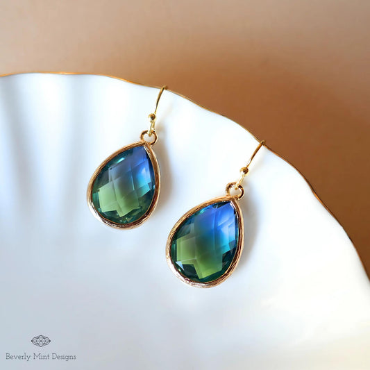 Blue and Green Teardrop Earrings, Blue Ombre Stone Drop Earrings, Elegant Teardrop Earrings, Sensitive Ear & Clip-On Options
