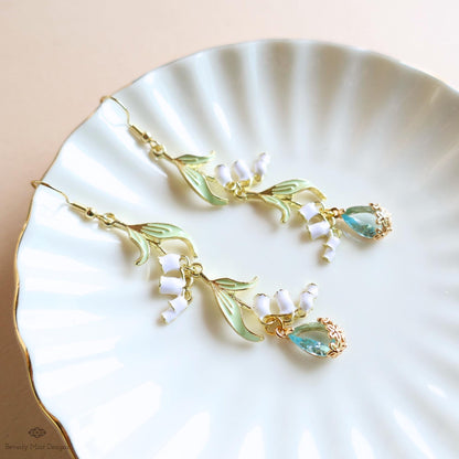 Lily of the Valley Earrings Gold Drop Earrings with Teardrop ,Botanical Bridal Jewelry Nature Inspired, Sensitive Ear & Clip-On Options