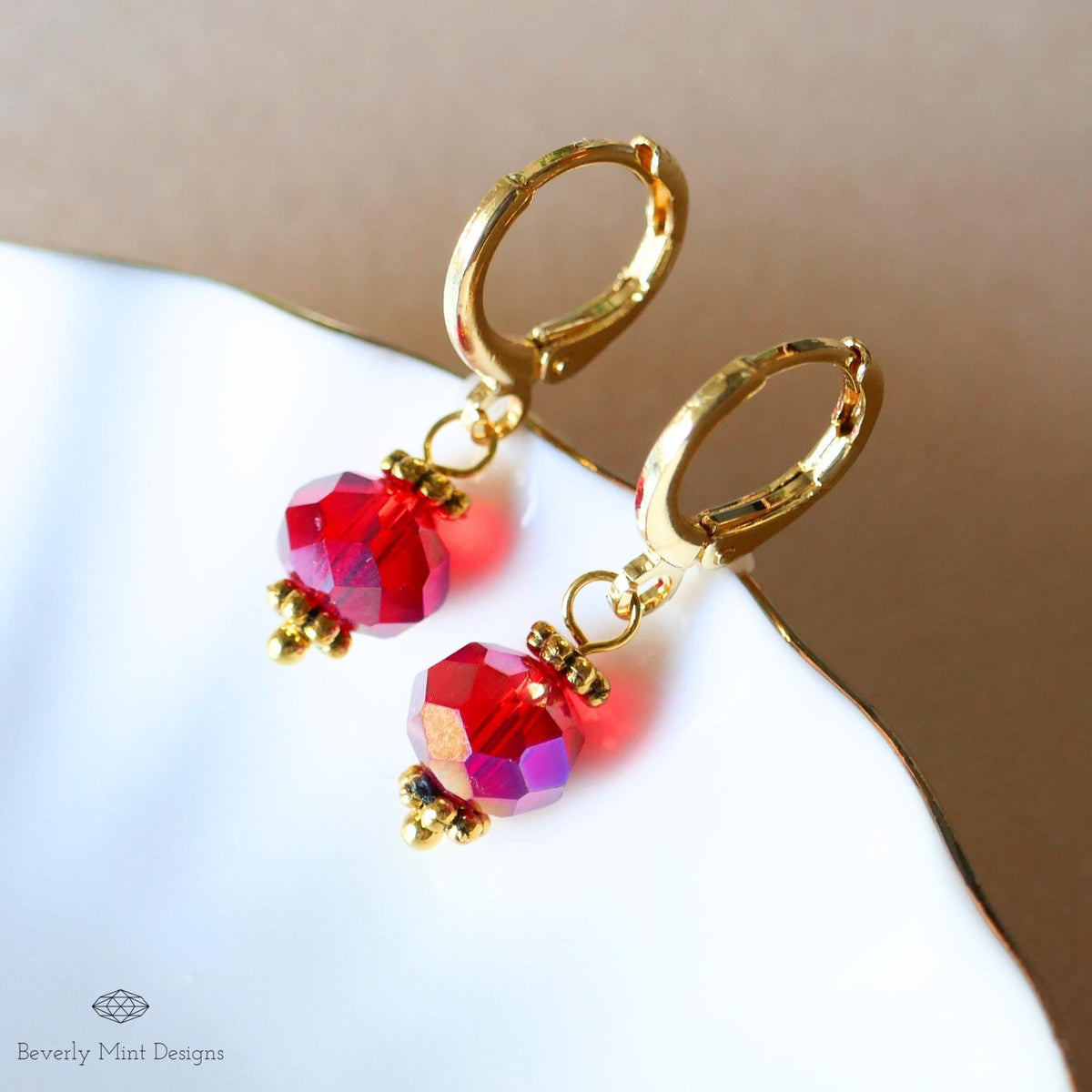 Gold Hoop Earrings with Red Beads ,Handmade Dangle Earrings, Elegant Jewelry for Women, Sensitive Ear & Clip-On Options