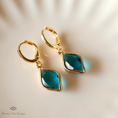 Gold Hoop Earrings with Blue Gemstone, Elegant Dangle Earrings, Minimalist Jewelry for Women, Sensitive Ear & Clip-On Options