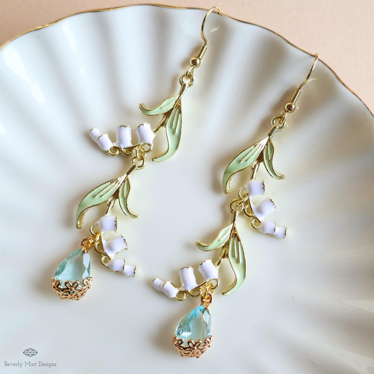 Lily of the Valley Earrings Gold Drop Earrings with Teardrop ,Botanical Bridal Jewelry Nature Inspired, Sensitive Ear & Clip-On Options