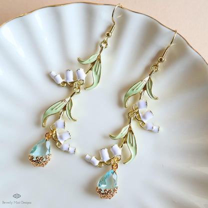 Lily of the Valley Earrings Gold Drop Earrings with Teardrop ,Botanical Bridal Jewelry Nature Inspired, Sensitive Ear & Clip-On Options