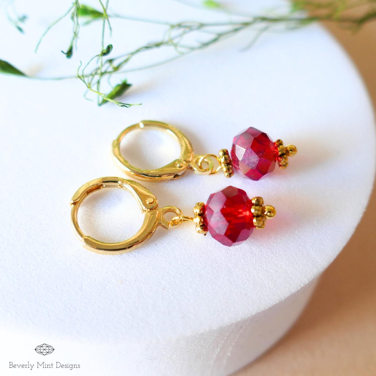 Gold Hoop Earrings with Red Beads ,Handmade Dangle Earrings, Elegant Jewelry for Women, Sensitive Ear & Clip-On Options
