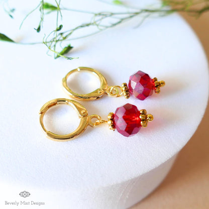 Gold Hoop Earrings with Red Beads ,Handmade Dangle Earrings, Elegant Jewelry for Women, Sensitive Ear & Clip-On Options