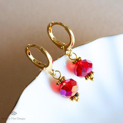 Gold Hoop Earrings with Red Beads ,Handmade Dangle Earrings, Elegant Jewelry for Women, Sensitive Ear & Clip-On Options