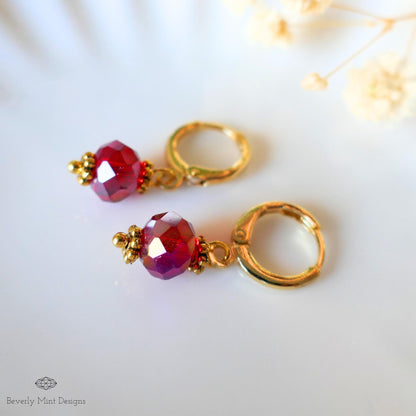 Gold Hoop Earrings with Red Beads ,Handmade Dangle Earrings, Elegant Jewelry for Women, Sensitive Ear & Clip-On Options