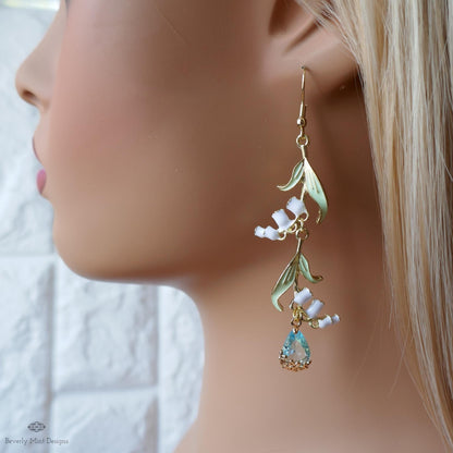 Lily of the Valley Earrings Gold Drop Earrings with Teardrop ,Botanical Bridal Jewelry Nature Inspired, Sensitive Ear & Clip-On Options
