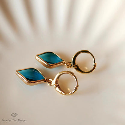 Gold Hoop Earrings with Blue Gemstone, Elegant Dangle Earrings, Minimalist Jewelry for Women, Sensitive Ear & Clip-On Options