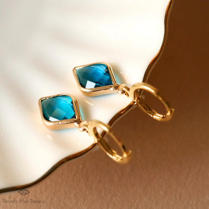 Gold Hoop Earrings with Blue Gemstone, Elegant Dangle Earrings, Minimalist Jewelry for Women, Sensitive Ear & Clip-On Options