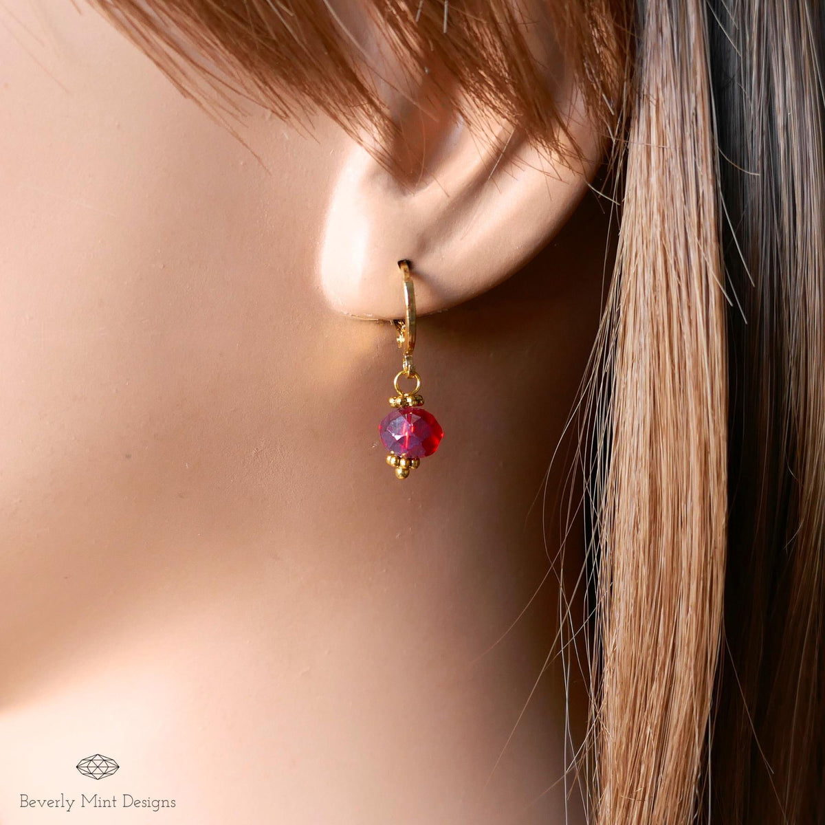 Gold Hoop Earrings with Red Beads ,Handmade Dangle Earrings, Elegant Jewelry for Women, Sensitive Ear & Clip-On Options