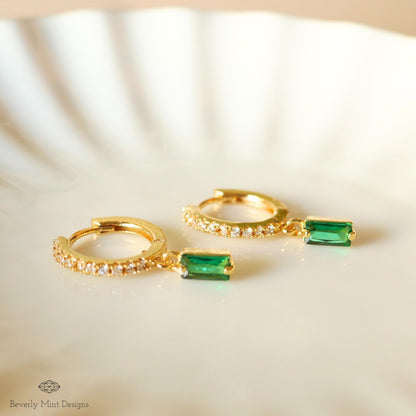 Gold Pave Hoop Earrings, Green Stone Drop Earrings, Dainty Huggie Hoops, Minimalist Jewelry for Women, Elegant