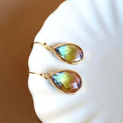 Rainbow Crystal Drop Earrings for Women, Ombre Teardrop Dangle Earrings in Gold, Sensitive Ear & Clip-On Options