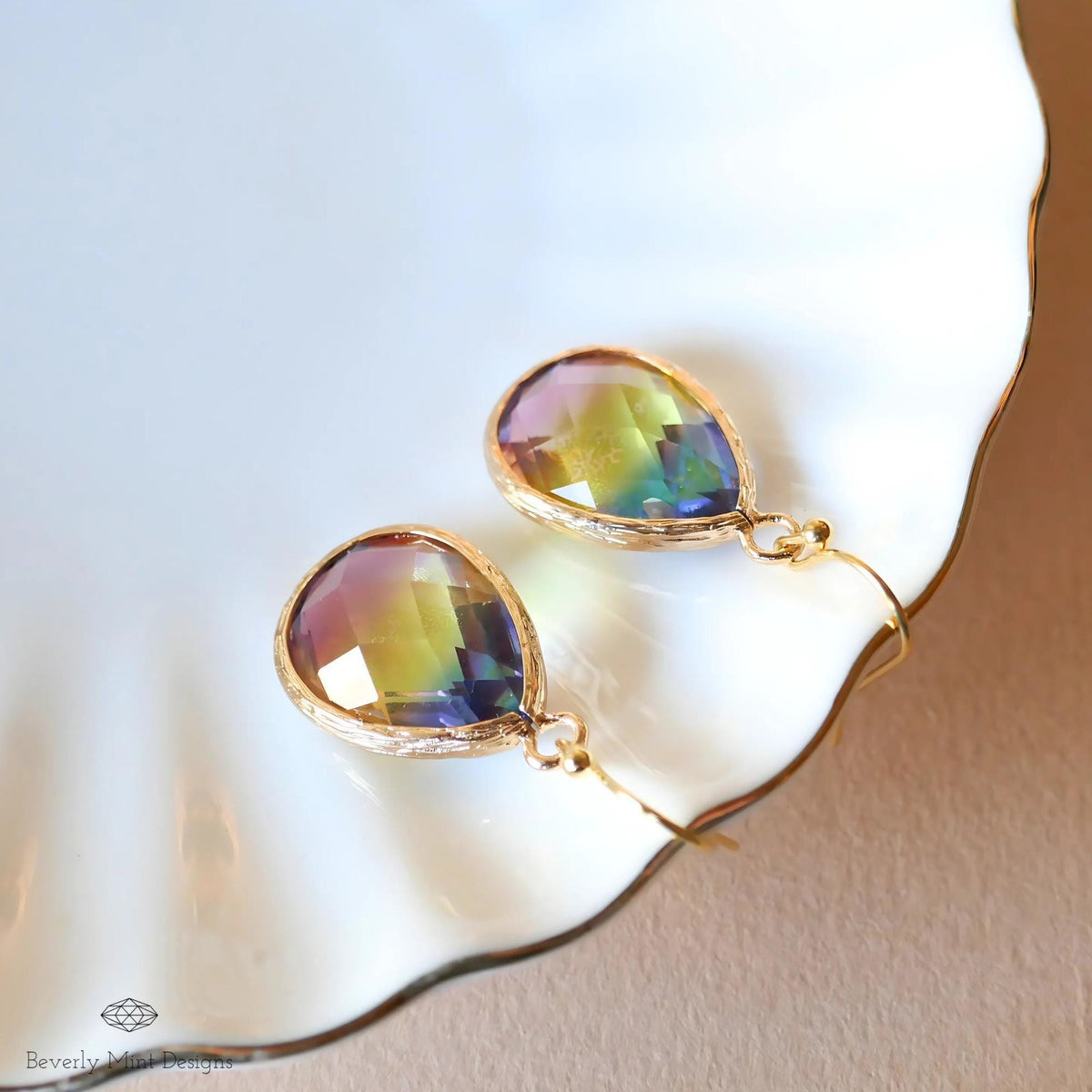 Rainbow Crystal Drop Earrings for Women, Ombre Teardrop Dangle Earrings in Gold, Sensitive Ear & Clip-On Options