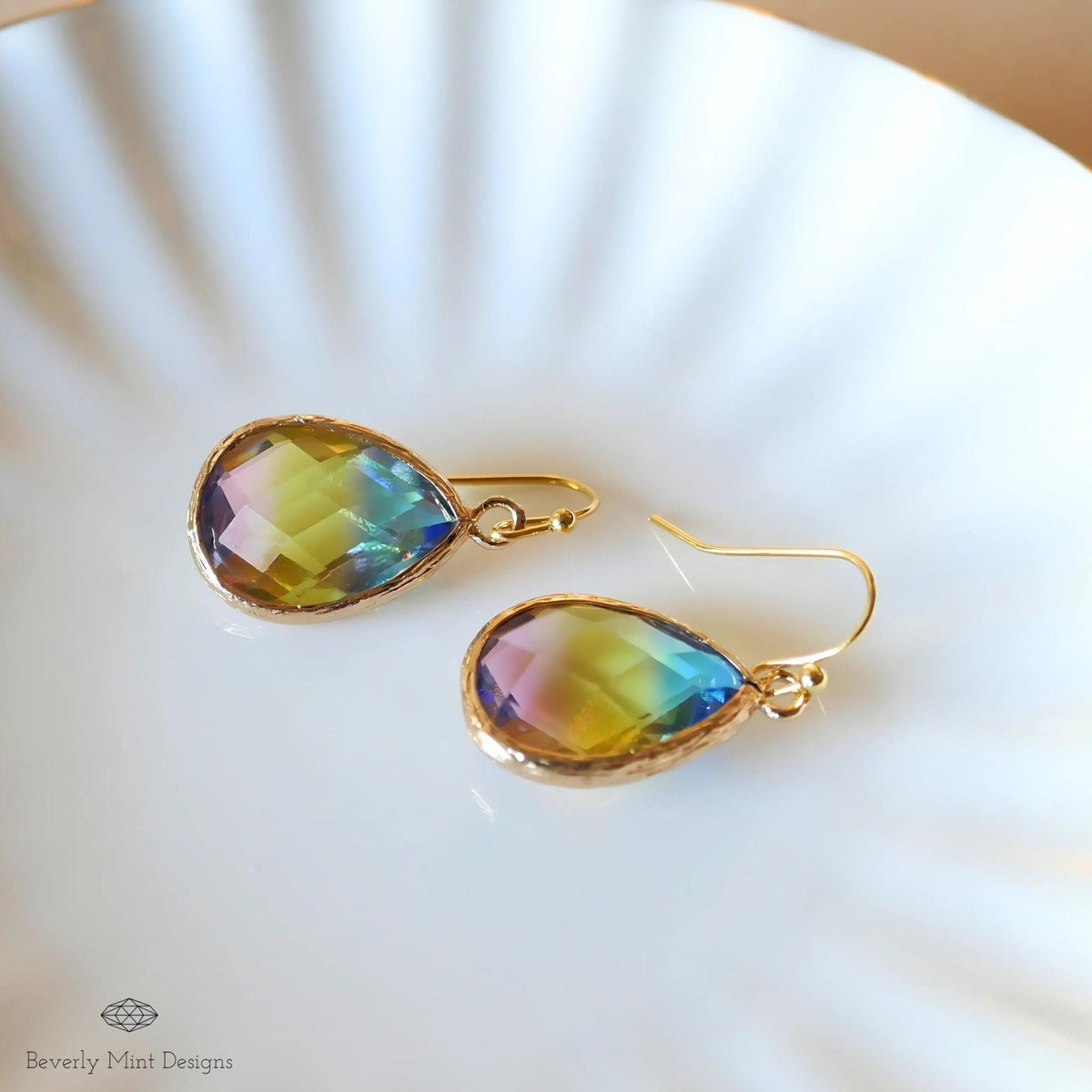 Rainbow Crystal Drop Earrings for Women, Ombre Teardrop Dangle Earrings in Gold, Sensitive Ear & Clip-On Options