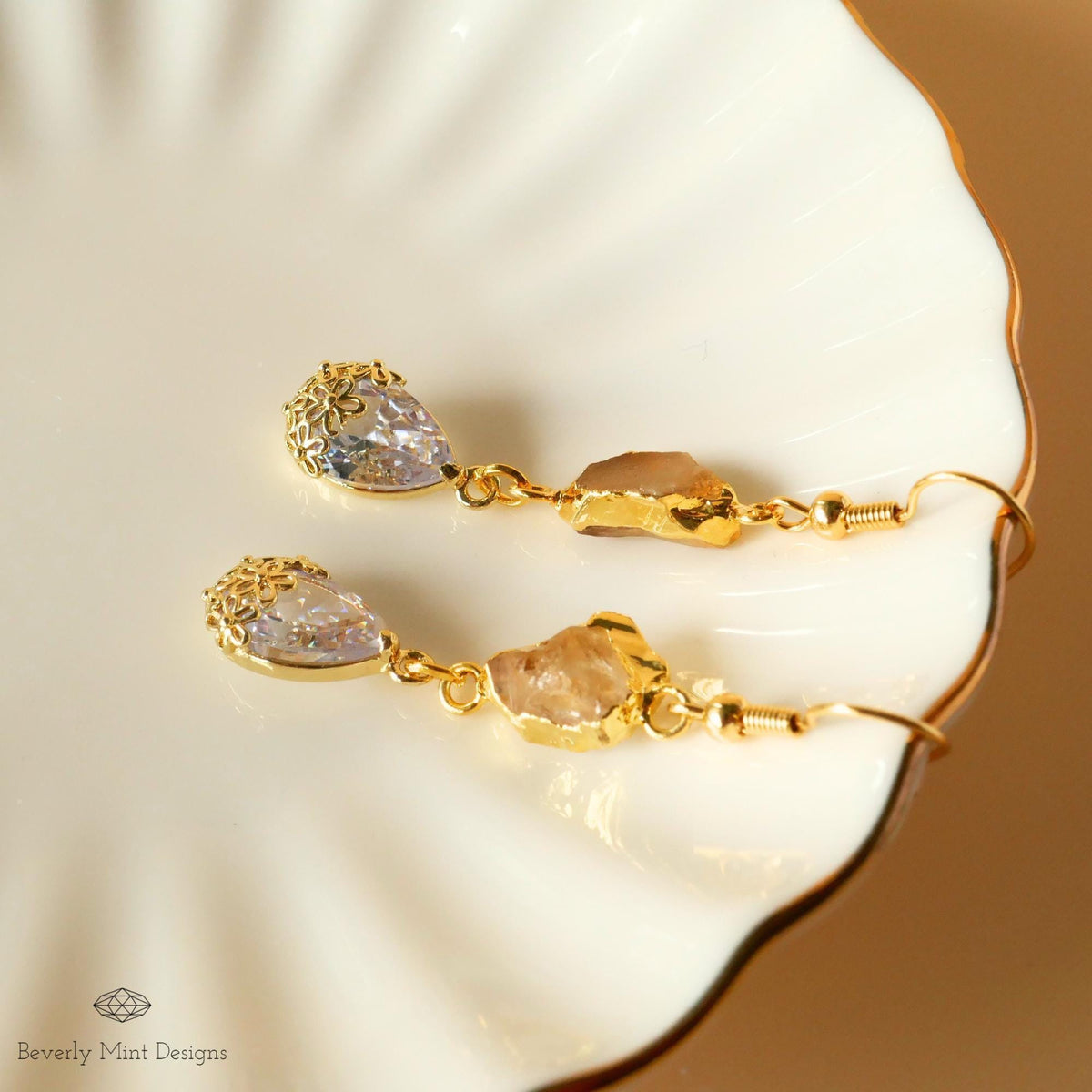 Citrine Raw Stone Earrings with CZ, 18K Gold Birthstone Jewelry, Raw Stone Earrings, Yellow Earrings, Sensitive Ear & Clip-On Options