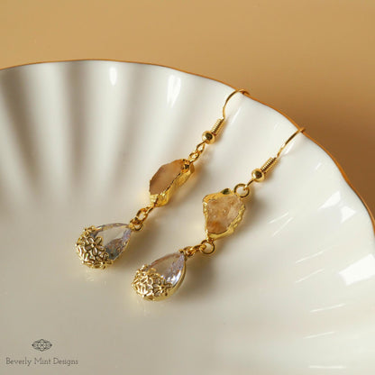 Citrine Raw Stone Earrings with CZ, 18K Gold Birthstone Jewelry, Raw Stone Earrings, Yellow Earrings, Sensitive Ear & Clip-On Options