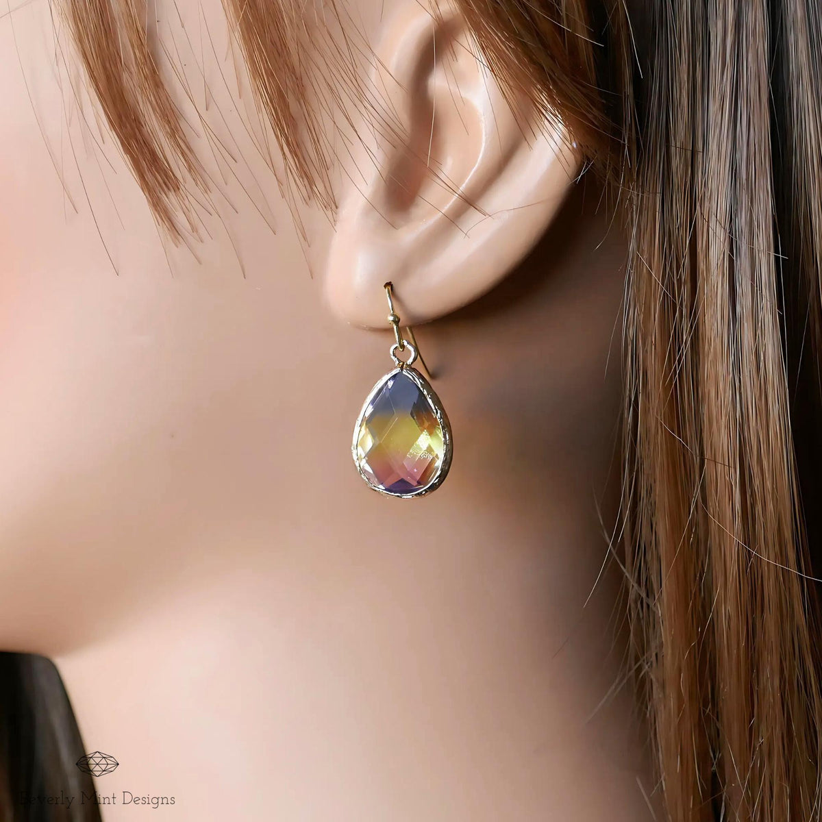 Rainbow Crystal Drop Earrings for Women, Ombre Teardrop Dangle Earrings in Gold, Sensitive Ear & Clip-On Options