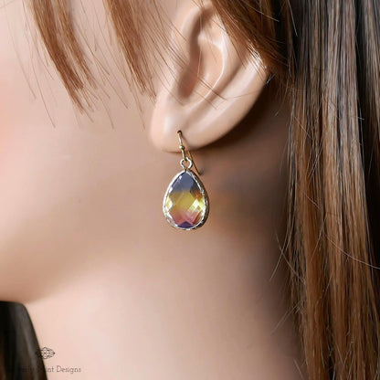 Rainbow Crystal Drop Earrings for Women, Ombre Teardrop Dangle Earrings in Gold, Sensitive Ear & Clip-On Options