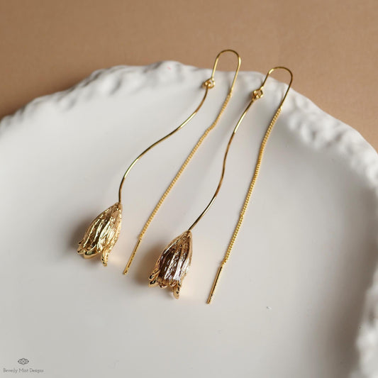 Gold Tulip Drop Earrings Floral Long Dangle Earrings Lightweight Threader Earrings Modern Botanical Jewelry Gift for Her