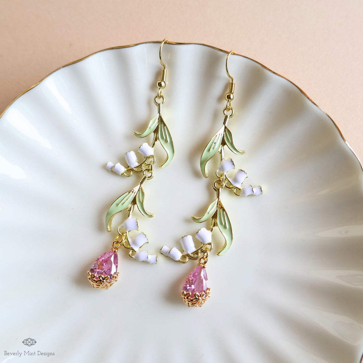 Lily of the Valley Earrings Gold Drop Earrings with Pink Teardrop ,Botanical Bridal Jewelry Nature Inspired, Sensitive Ear & Clip-On Options