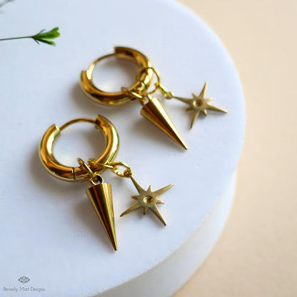 Gold Star Hoop Earrings, Spike And Star Huggie Earrings, Celestial Gold Jewelry, Modern Statement Hoops, Edgy Drop Earrings