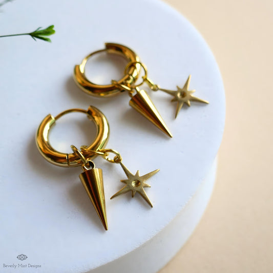 Gold Star Hoop Earrings, Spike And Star Huggie Earrings, Celestial Gold Jewelry, Modern Statement Hoops, Edgy Drop Earrings