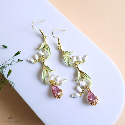 Lily of the Valley Earrings Gold Drop Earrings with Pink Teardrop ,Botanical Bridal Jewelry Nature Inspired, Sensitive Ear & Clip-On Options