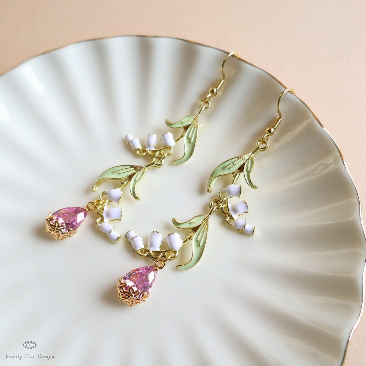 Lily of the Valley Earrings Gold Drop Earrings with Pink Teardrop ,Botanical Bridal Jewelry Nature Inspired, Sensitive Ear & Clip-On Options