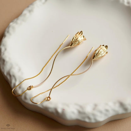 Gold Tulip Drop Earrings Floral Long Dangle Earrings Lightweight Threader Earrings Modern Botanical Jewelry Gift for Her