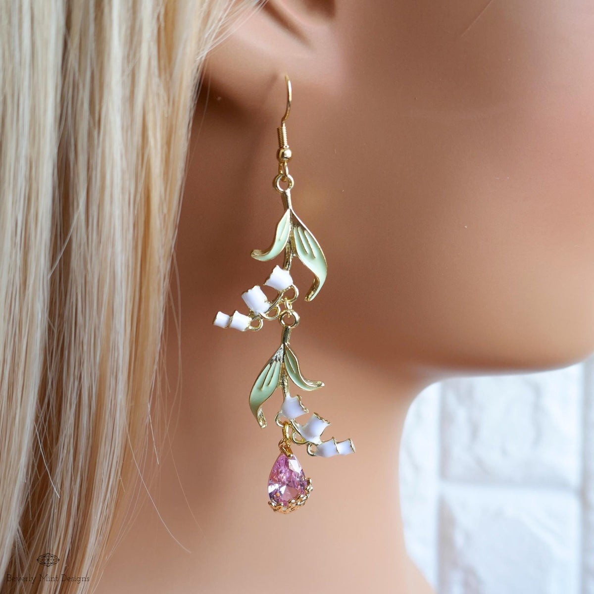 Lily of the Valley Earrings Gold Drop Earrings with Pink Teardrop ,Botanical Bridal Jewelry Nature Inspired, Sensitive Ear & Clip-On Options