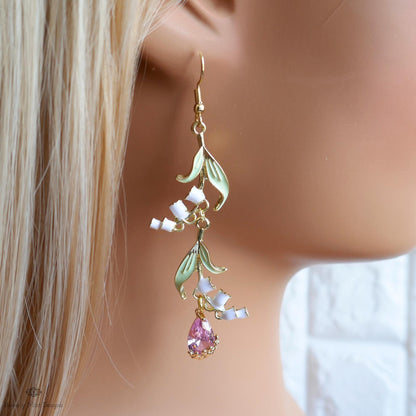 Lily of the Valley Earrings Gold Drop Earrings with Pink Teardrop ,Botanical Bridal Jewelry Nature Inspired, Sensitive Ear & Clip-On Options
