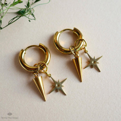 Gold Star Hoop Earrings, Spike And Star Huggie Earrings, Celestial Gold Jewelry, Modern Statement Hoops, Edgy Drop Earrings