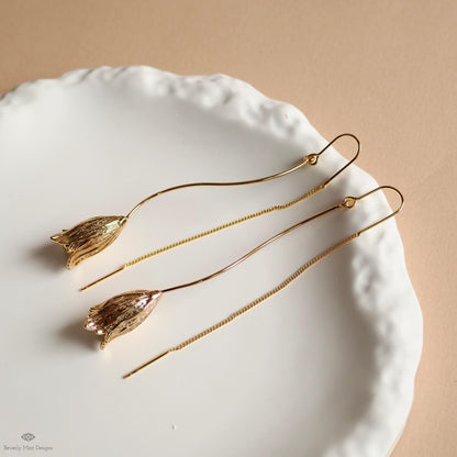 Gold Tulip Drop Earrings Floral Long Dangle Earrings Lightweight Threader Earrings Modern Botanical Jewelry Gift for Her