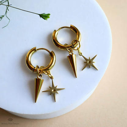 Gold Star Hoop Earrings, Spike And Star Huggie Earrings, Celestial Gold Jewelry, Modern Statement Hoops, Edgy Drop Earrings