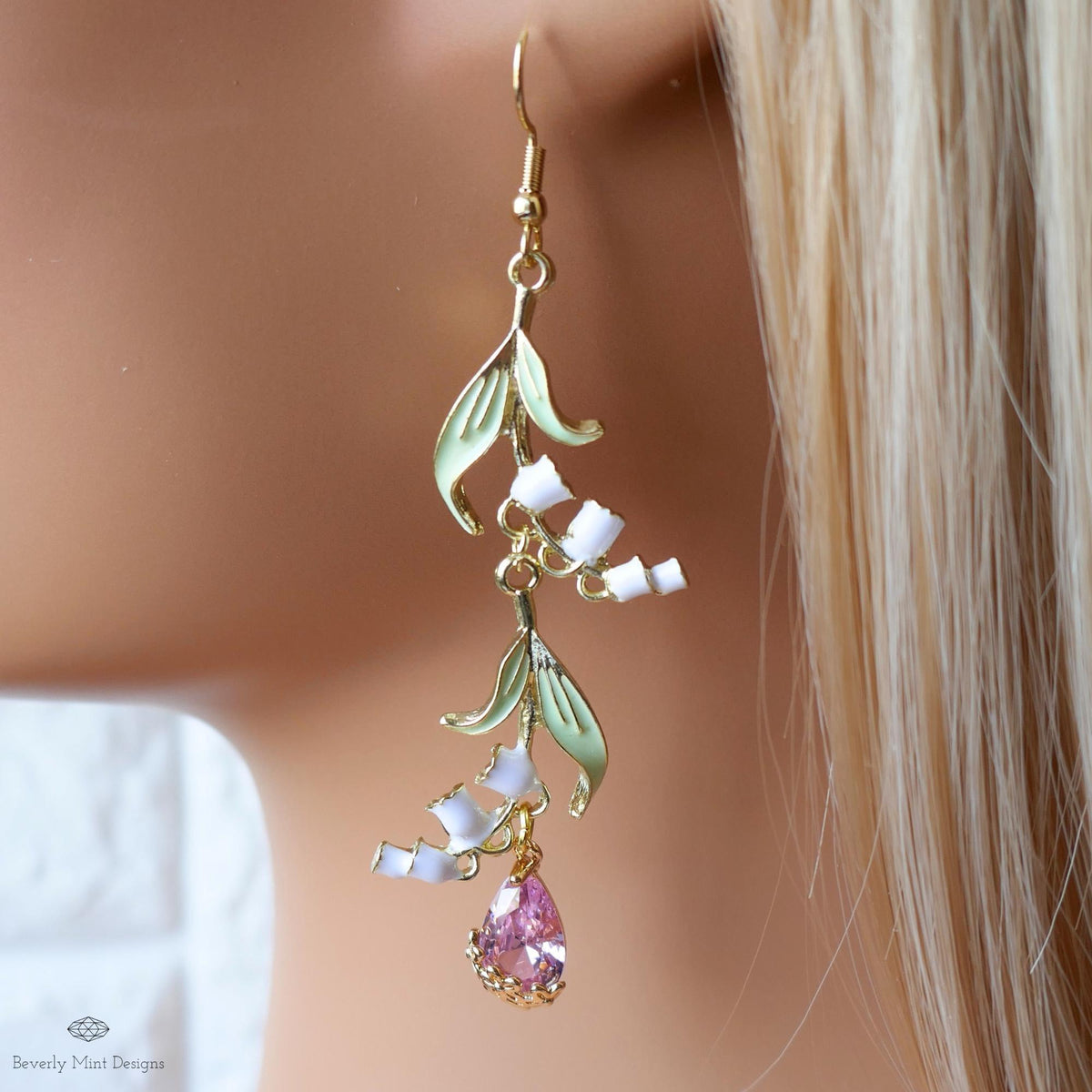 Lily of the Valley Earrings Gold Drop Earrings with Pink Teardrop ,Botanical Bridal Jewelry Nature Inspired, Sensitive Ear & Clip-On Options